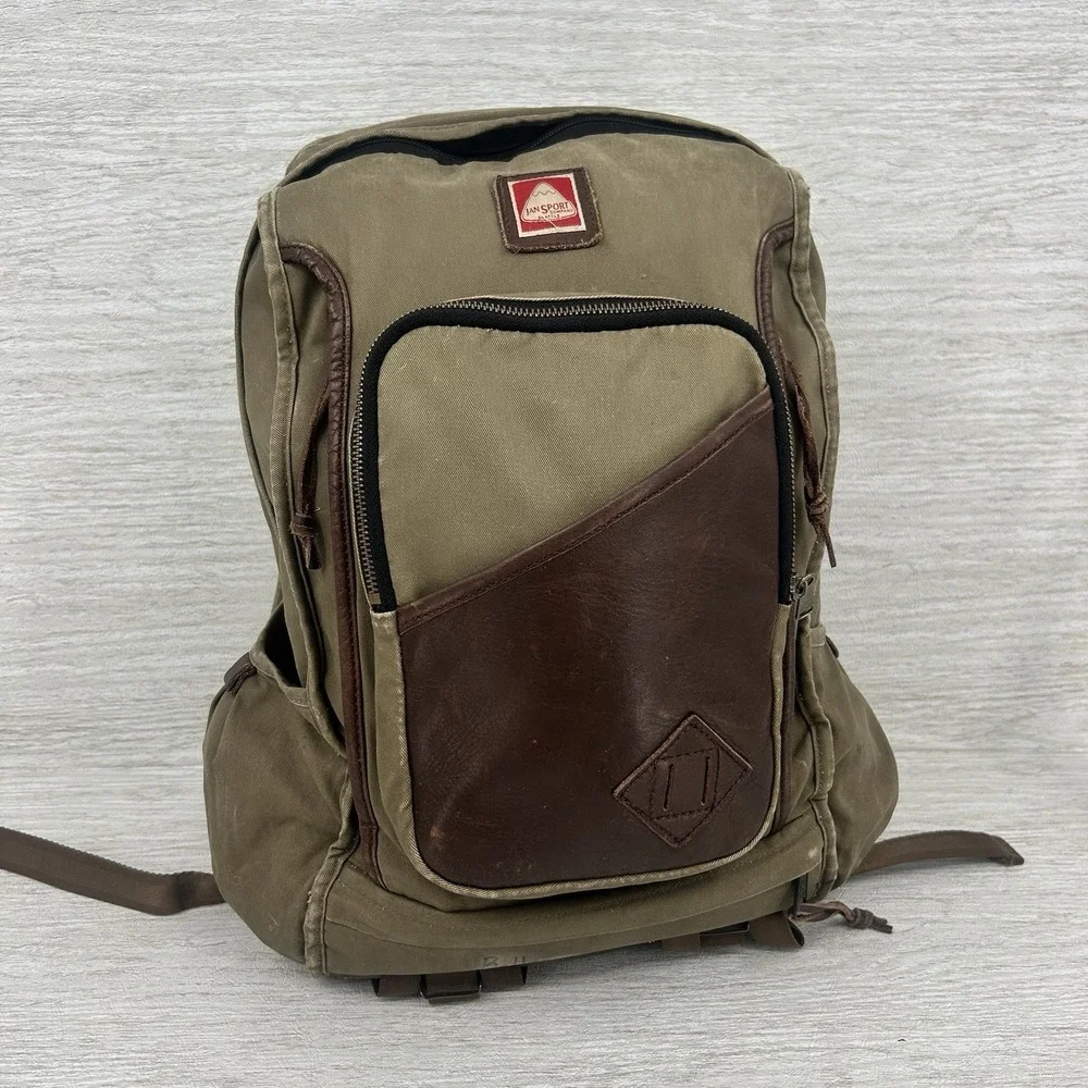RARE JanSport Skip Yowell Pleasanton Backpack T17P Leather Olive Brown